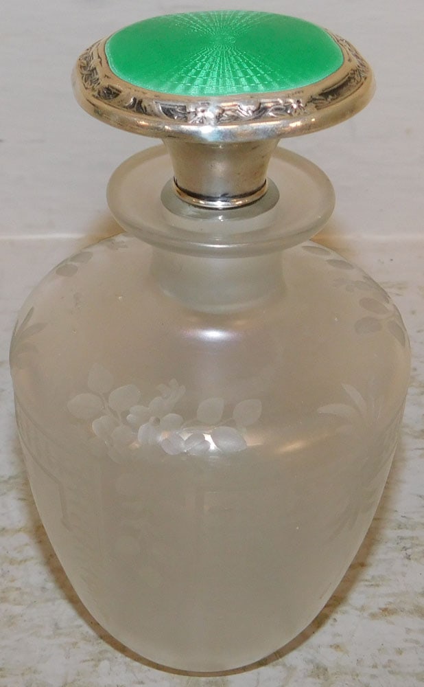 Antique Perfume Bottle with Sterling & Enamel Stopper Signed Hawkes: Antique Perfume Bottle with Sterling & Enamel Stopper Signed Hawkes. 5 1/2" H 3 1/4" Dia. ALL DESCRIPTIONS AND ANY CONDITION STATEMENT GIVEN BY LANGSTON AUCTION GALLERY ARE STRICTLY OPINIONS AND LANGS