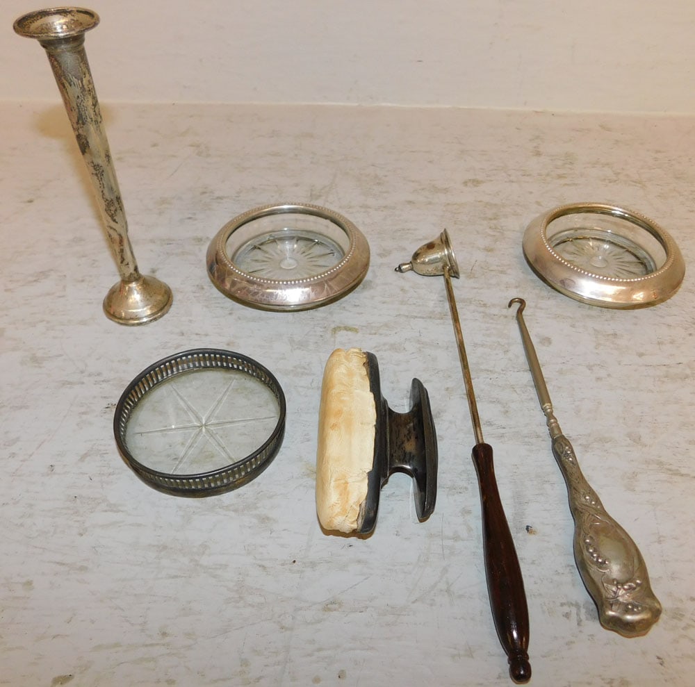 Lot of Sterling Handle & Rim Items: Lot of Sterling Handle & Rim Items . Up to 10" L ALL DESCRIPTIONS AND ANY CONDITION STATEMENT GIVEN BY LANGSTON AUCTION GALLERY ARE STRICTLY OPINIONS AND LANGSTON'S SHALL HAVE NO RESPONSIBILITY FOR