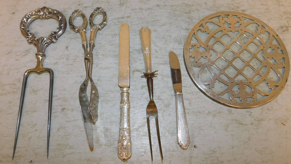 Six Sterling Handle & Rim Items: Six Sterling Handle & Rim Items . Up to 10" L ALL DESCRIPTIONS AND ANY CONDITION STATEMENT GIVEN BY LANGSTON AUCTION GALLERY ARE STRICTLY OPINIONS AND LANGSTON'S SHALL HAVE NO RESPONSIBILITY FOR ERROR
