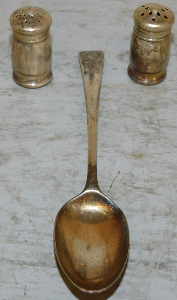 Antique English Sterling Spoon & Sterling Salt & Pepper, 1.46 ozt. (1 of 4)