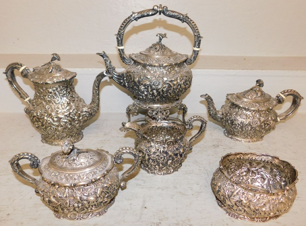 Six Piece Sterling Kirk & Son Repousse Tea Service, 171.05 ozt.: Six Piece Sterling Kirk & Son Repousse Tea Service, 171.05 ozt. . Up to 13' x 11" ALL DESCRIPTIONS AND ANY CONDITION STATEMENT GIVEN BY LANGSTON AUCTION GALLERY ARE STRICTLY OPINIONS AND LANGSTON'S SH