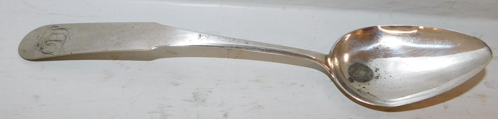 Coin Silver Spoon, 1.29 ozt.: Coin Silver Spoon, 1.29 ozt.. 8 3/4" L ALL DESCRIPTIONS AND ANY CONDITION STATEMENT GIVEN BY LANGSTON AUCTION GALLERY ARE STRICTLY OPINIONS AND LANGSTON'S SHALL HAVE NO RESPONSIBILITY FOR ERRORS OR OM