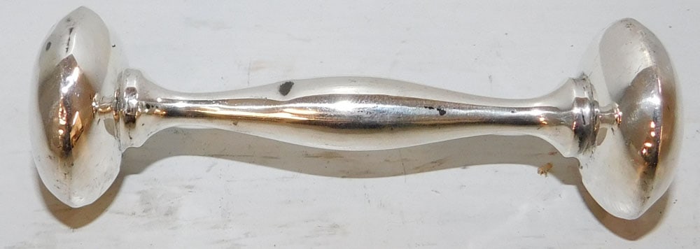 Sterling Baby Rattle: Sterling Baby Rattle. 3 3/4" L ALL DESCRIPTIONS AND ANY CONDITION STATEMENT GIVEN BY LANGSTON AUCTION GALLERY ARE STRICTLY OPINIONS AND LANGSTON'S SHALL HAVE NO RESPONSIBILITY FOR ERRORS OR OMISSIONS.