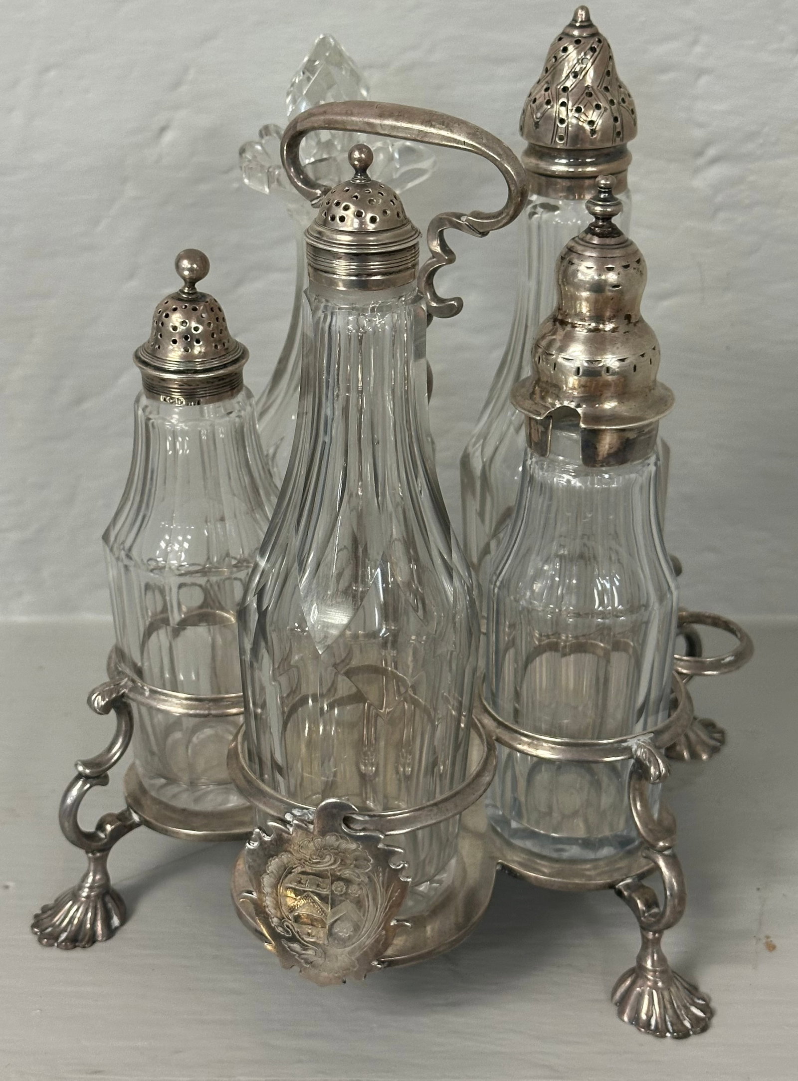 Antique English Sterling Five Bottle Cruet Set, 25.61 ozt. (Silver weight only) (1 of 8)