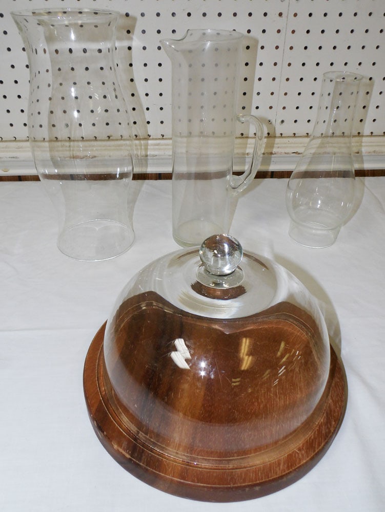 Lot of Glass Shades & Cheese Dome with Wood Base: Lot of Glass Shades & Cheese Dome with Wood Base. Up to 12 1/2" H 5" W "ALL DESCRIPTIONS AND ANY CONDITION STATEMENT GIVEN BY LANGSTON AUCTION GALLERY ARE STRICTLY OPINIONS AND LANGSTON'S SHALL HAVE