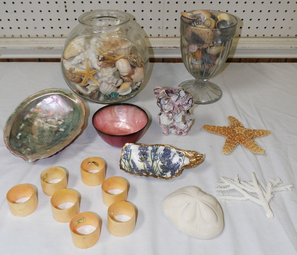 Lot of Sea Shells & Glass Items: Lot of Sea Shells & Glass Items. Up to 8 1/2" H 8 1/2" W "ALL DESCRIPTIONS AND ANY CONDITION STATEMENT GIVEN BY LANGSTON AUCTION GALLERY ARE STRICTLY OPINIONS AND LANGSTON'S SHALL HAVE NO