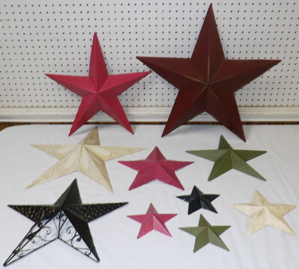 Lot of Painted Metal Decorative Stars: Lot of Painted Metal Decorative Stars. Up to 22" H 22" W "ALL DESCRIPTIONS AND ANY CONDITION STATEMENT GIVEN BY LANGSTON AUCTION GALLERY ARE STRICTLY OPINIONS AND LANGSTON'S SHALL HAVE NO
