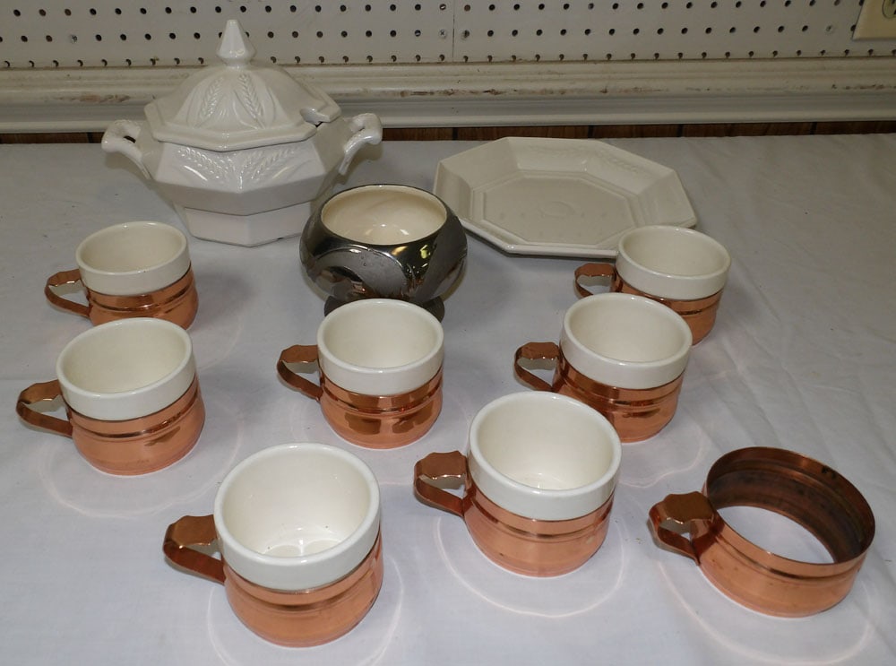 Lot of Porcelain Tureen & Porcelain & Copper Cups: Lot of Porcelain Tureen & Porcelain & Copper Cups. Up to 7" H 9 1/2" W "ALL DESCRIPTIONS AND ANY CONDITION STATEMENT GIVEN BY LANGSTON AUCTION GALLERY ARE STRICTLY OPINIONS AND LANGSTON'S SHALL HAVE N