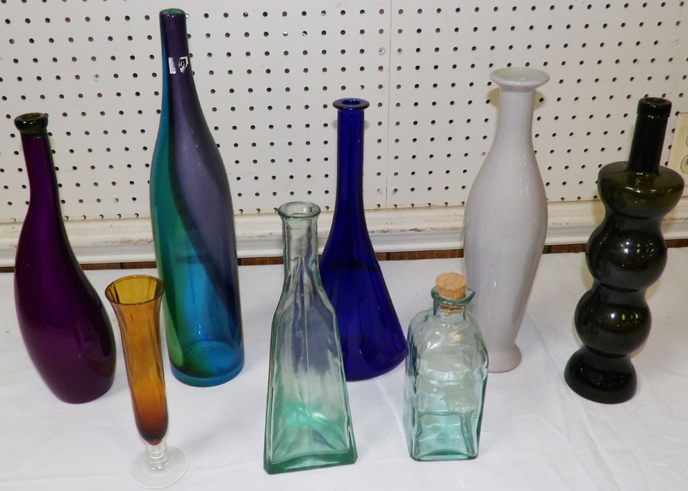 Lot of Colored Glass Bottles & Vases (1 of 3)
