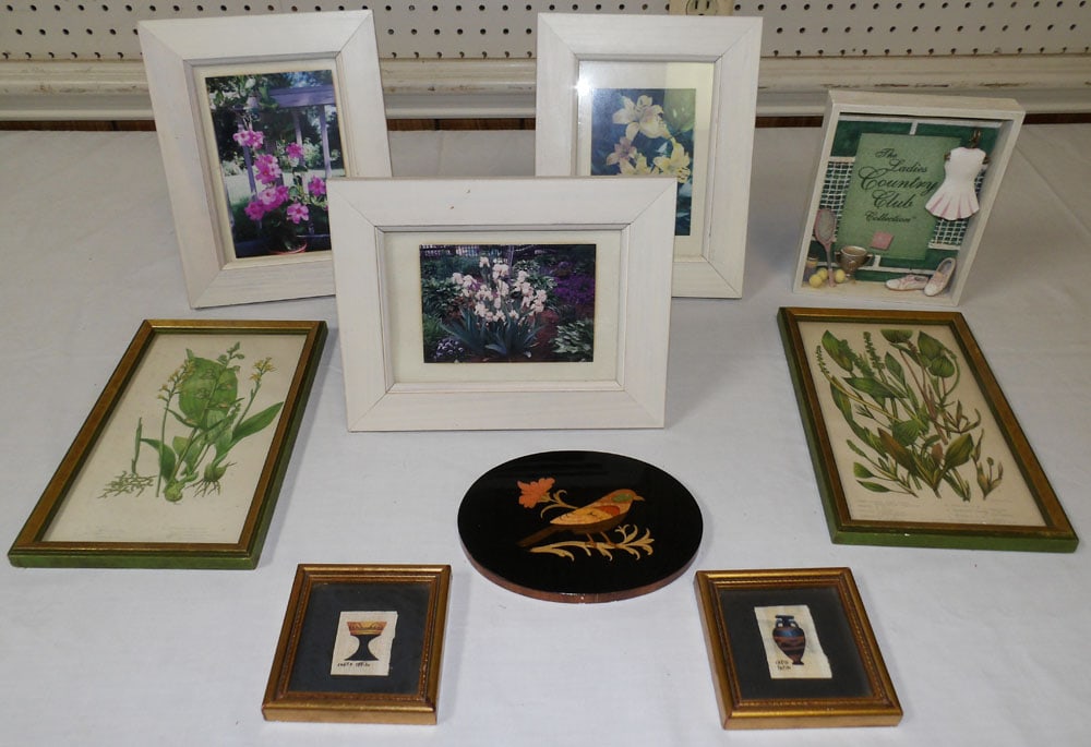 Lot of Framed Prints & Small Inlaid Plaque: Lot of Framed Prints & Small Inlaid Plaque. Up to 9 1/2" H 6" W "ALL DESCRIPTIONS AND ANY CONDITION STATEMENT GIVEN BY LANGSTON AUCTION GALLERY ARE STRICTLY OPINIONS AND LANGSTON'S SHALL HAVE NO RESPO
