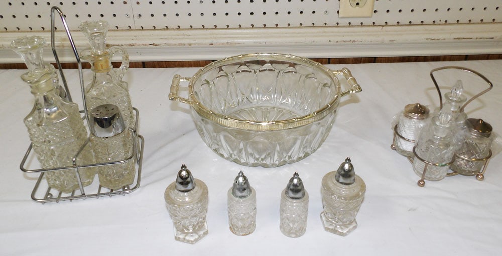 Lot of Glass & Silverplated Rim Items: Lot of Glass & Silverplated Rim Items . Up to 3 1/2" H 11" W "ALL DESCRIPTIONS AND ANY CONDITION STATEMENT GIVEN BY LANGSTON AUCTION GALLERY ARE STRICTLY OPINIONS AND LANGSTON'S SHALL HAVE NO