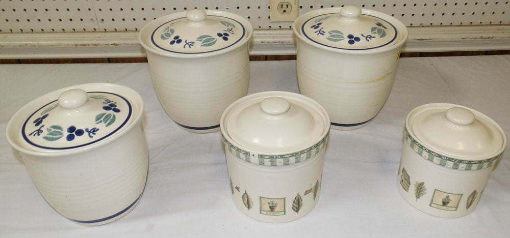 Lot of Painted Porcelain Cannister Jars: Lot of Painted Porcelain Cannister Jars. Up to 9" H 8 1/2" W "ALL DESCRIPTIONS AND ANY CONDITION STATEMENT GIVEN BY LANGSTON AUCTION GALLERY ARE STRICTLY OPINIONS AND LANGSTON'S SHALL HAVE NO RESPONSI