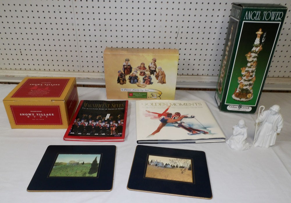 Lot of Christmas Decorations, Books & Placemats: Lot of Christmas Decorations, Books & Placemats. Up to 17" H 6" W "ALL DESCRIPTIONS AND ANY CONDITION STATEMENT GIVEN BY LANGSTON AUCTION GALLERY ARE STRICTLY OPINIONS AND LANGSTON'S SHALL HAVE NO RES