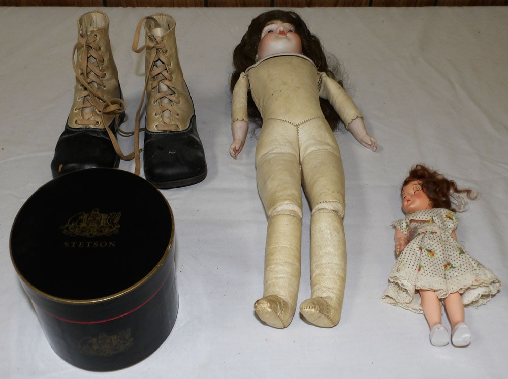 German Porcelain Doll with Leather Body & Doll Accessories (1 of 5)