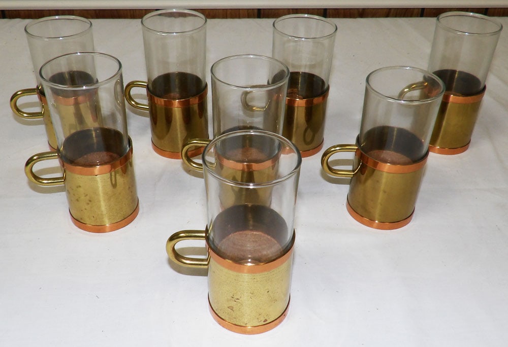 Lot of Espresso Coffee Mugs with Brass & Copper Holders (1 of 3)