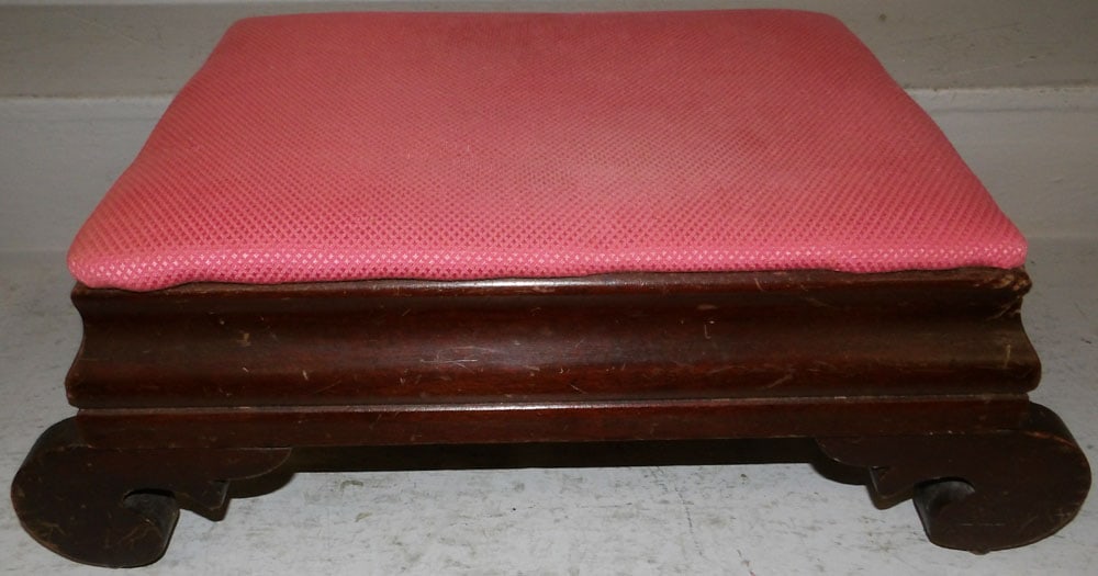 Mahogany & Upholstered Top Foot Stool: Mahogany & Upholstered Top Foot Stool . 9" H 24" W 13 1/2" D "ALL DESCRIPTIONS AND ANY CONDITION STATEMENT GIVEN BY LANGSTON AUCTION GALLERY ARE STRICTLY OPINIONS AND LANGSTON'S SHALL HAVE NO RESPONSI