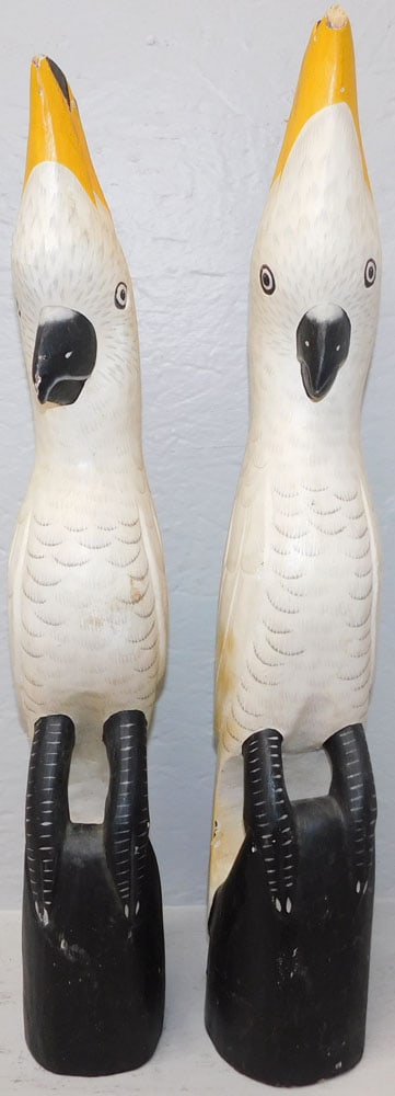 Pair of Painted Carved Wood Cockatoos: Pair of Painted Carved Wood Cockatoos. 24 1/2" H 6" W "ALL DESCRIPTIONS AND ANY CONDITION STATEMENT GIVEN BY LANGSTON AUCTION GALLERY ARE STRICTLY OPINIONS AND LANGSTON'S SHALL HAVE NO RESPONSIBILITY