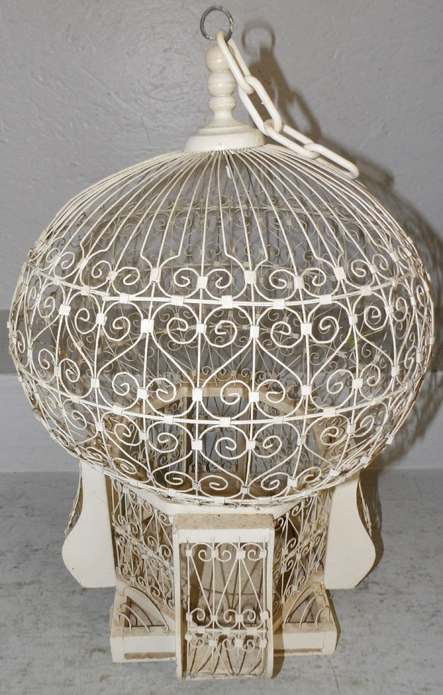 Painted Wire & Wood Bird Cage: Painted Wire & Wood Bird Cage . 21 1/2" H 13 1/2" Dia. "ALL DESCRIPTIONS AND ANY CONDITION STATEMENT GIVEN BY LANGSTON AUCTION GALLERY ARE STRICTLY OPINIONS AND LANGSTON'S SHALL HAVE NO