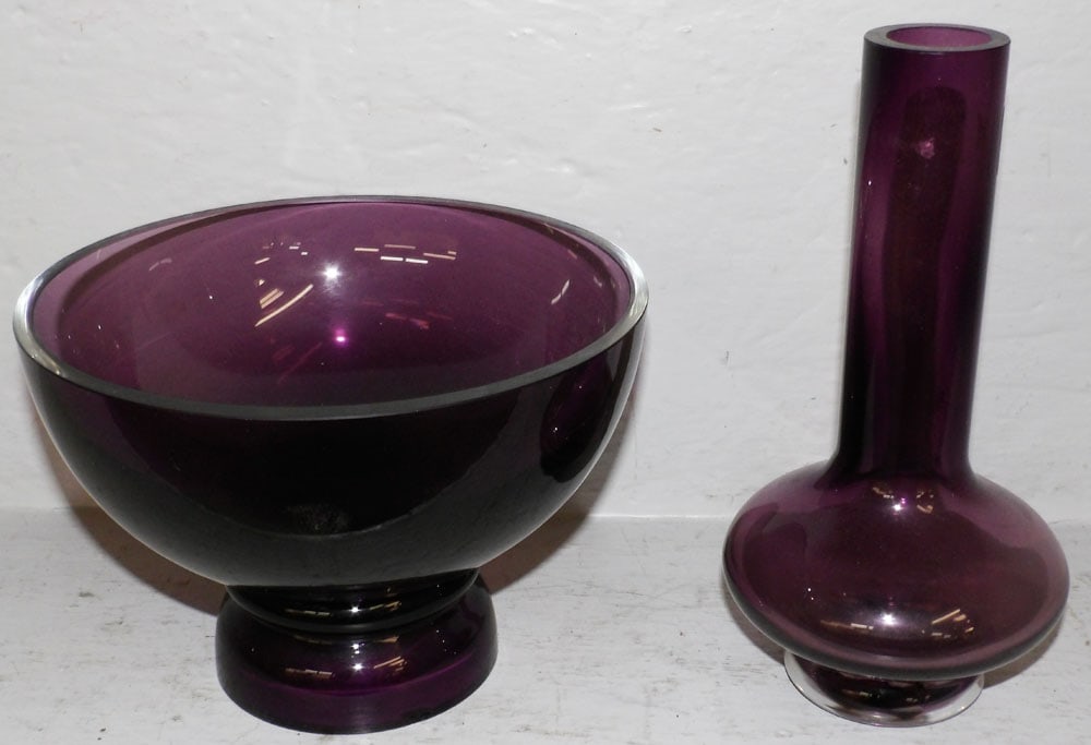 Amethyst Glass Bowl & Vase Signed Waterford, (Bowl Has Some Chips) (1 of 5)