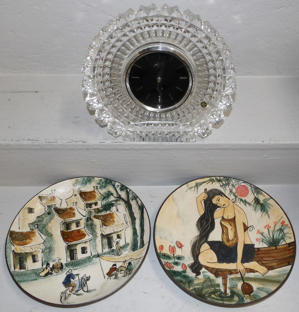 Two Painted Porcelain Chargers & Crystal Decorative Clock: Two Painted Porcelain Chargers & Crystal Decorative Clock . 11 1/2" Dia. "ALL DESCRIPTIONS AND ANY CONDITION STATEMENT GIVEN BY LANGSTON AUCTION GALLERY ARE STRICTLY OPINIONS AND LANGSTON'S SHALL