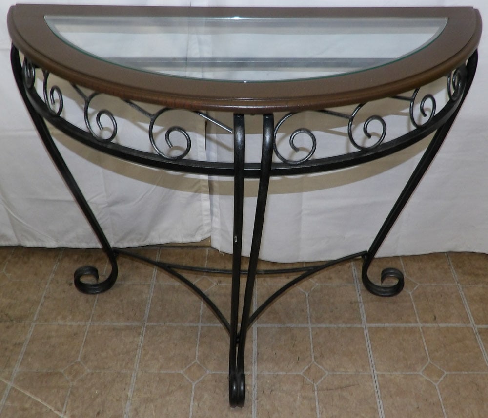 Painted Wrought Iron & Glass Top Demi Lune Console (1 of 4)
