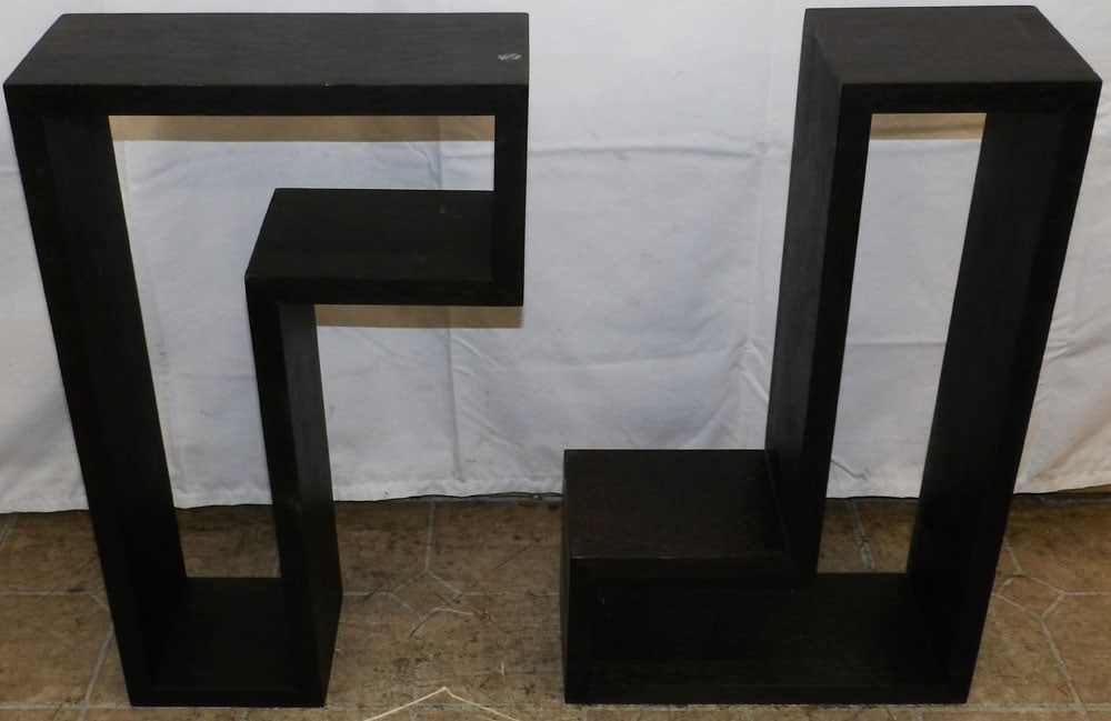 Two Modern Painted Wood Hanging Shelves: Two Modern Painted Wood Hanging Shelves . Up to 24" H 14 1/2" W 6" D "ALL DESCRIPTIONS AND ANY CONDITION STATEMENT GIVEN BY LANGSTON AUCTION GALLERY ARE STRICTLY OPINIONS AND LANGSTON'S SHALL HAVE NO