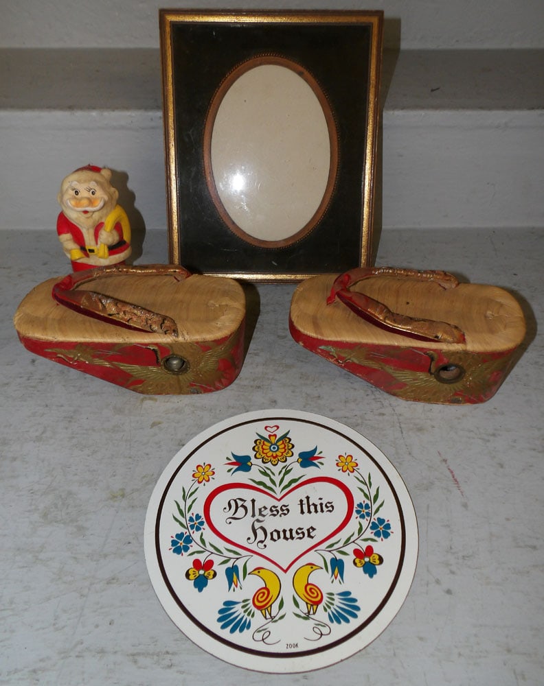 Lot of Wood Oriental Geisha Sandals, Wind Up Santa Claus, Sign, & Frame: Lot of Wood Oriental Geisha Sandals, Wind Up Santa Claus, Sign, & Frame. Up to 10 3/4" x 8 3/4" "ALL DESCRIPTIONS AND ANY CONDITION STATEMENT GIVEN BY LANGSTON AUCTION GALLERY ARE STRICTLY OPINIONS