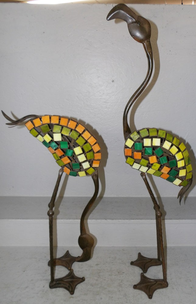 Pair of Painted Metal & Slag Glass Flamingo Statues: Pair of Painted Metal & Slag Glass Flamingo Statues. Up to 39 1/4" H 12" W "ALL DESCRIPTIONS AND ANY CONDITION STATEMENT GIVEN BY LANGSTON AUCTION GALLERY ARE STRICTLY OPINIONS AND LANGSTON'S SHALL