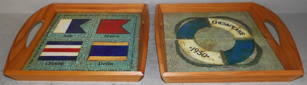 Two Pine Serving Trays with Painted Porcelain Tiles: Two Pine Serving Trays with Painted Porcelain Tiles . Up to 14 1/2" x 13 1/2" "ALL DESCRIPTIONS AND ANY CONDITION STATEMENT GIVEN BY LANGSTON AUCTION GALLERY ARE STRICTLY OPINIONS AND LANGSTON'S