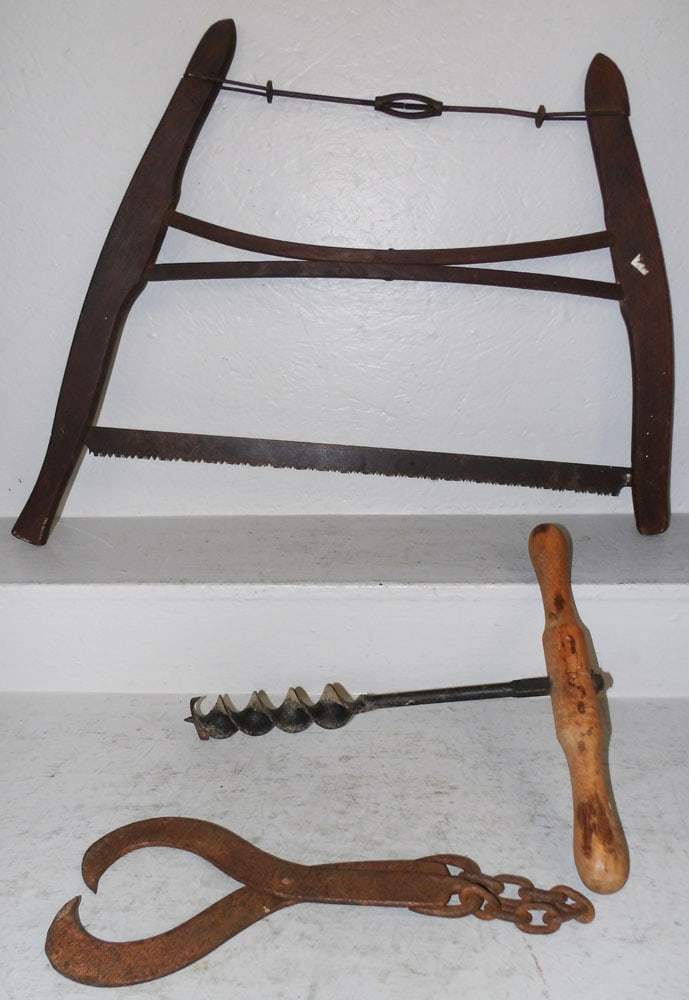 Three Antique Hand Tools: Three Antique Hand Tools . Up to 22 1/4" x 34 1/2" "ALL DESCRIPTIONS AND ANY CONDITION STATEMENT GIVEN BY LANGSTON AUCTION GALLERY ARE STRICTLY OPINIONS AND LANGSTON'S SHALL HAVE NO RESPONSIBILITY