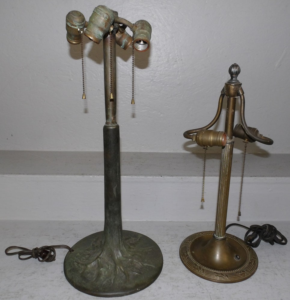 Two Antique Lamp Bases, (One by Bradley & Hubbard): Two Antique Lamp Bases, (One by Bradley & Hubbard). Up to 23" H 10" Dia. "ALL DESCRIPTIONS AND ANY CONDITION STATEMENT GIVEN BY LANGSTON AUCTION GALLERY ARE STRICTLY OPINIONS AND LANGSTON'S SHALL