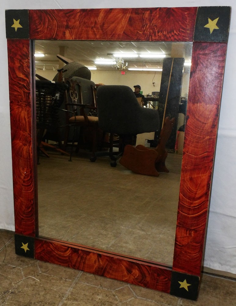 Painted Folk Art Wood Frame Mirror: Painted Folk Art Wood Frame Mirror. 29 1/2" x 23 1/4" "ALL DESCRIPTIONS AND ANY CONDITION STATEMENT GIVEN BY LANGSTON AUCTION GALLERY ARE STRICTLY OPINIONS AND LANGSTON'S SHALL HAVE NO RESPONSIBILITY