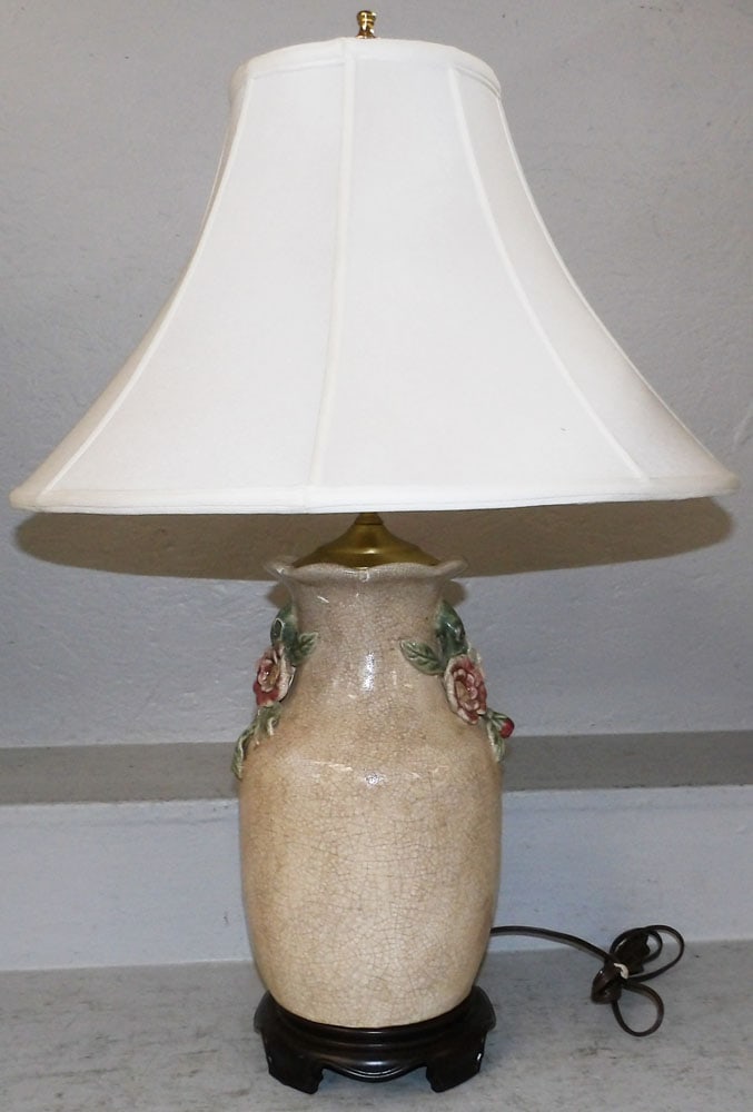 Oriental Crackleware Vase Made Into Lamp, (Small Damage): Oriental Crackleware Vase Made Into Lamp, (Small Damage). 30" H 20 1/4" Dia. "ALL DESCRIPTIONS AND ANY CONDITION STATEMENT GIVEN BY LANGSTON AUCTION GALLERY ARE STRICTLY OPINIONS AND LANGSTON'S SHALL
