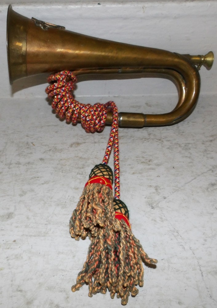 Brass Bugle Horn Marked Special Service Group: Brass Bugle Horn Marked Special Service Group. 11 3/4" L "ALL DESCRIPTIONS AND ANY CONDITION STATEMENT GIVEN BY LANGSTON AUCTION GALLERY ARE STRICTLY OPINIONS AND LANGSTON'S SHALL HAVE NO
