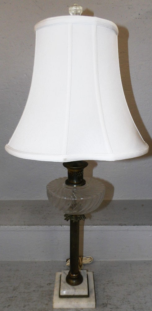 Brass & Glass Lamp with Marble Base: Brass & Glass Lamp with Marble Base . 32 3/4" H 15" Dia. "ALL DESCRIPTIONS AND ANY CONDITION STATEMENT GIVEN BY LANGSTON AUCTION GALLERY ARE STRICTLY OPINIONS AND LANGSTON'S SHALL HAVE NO