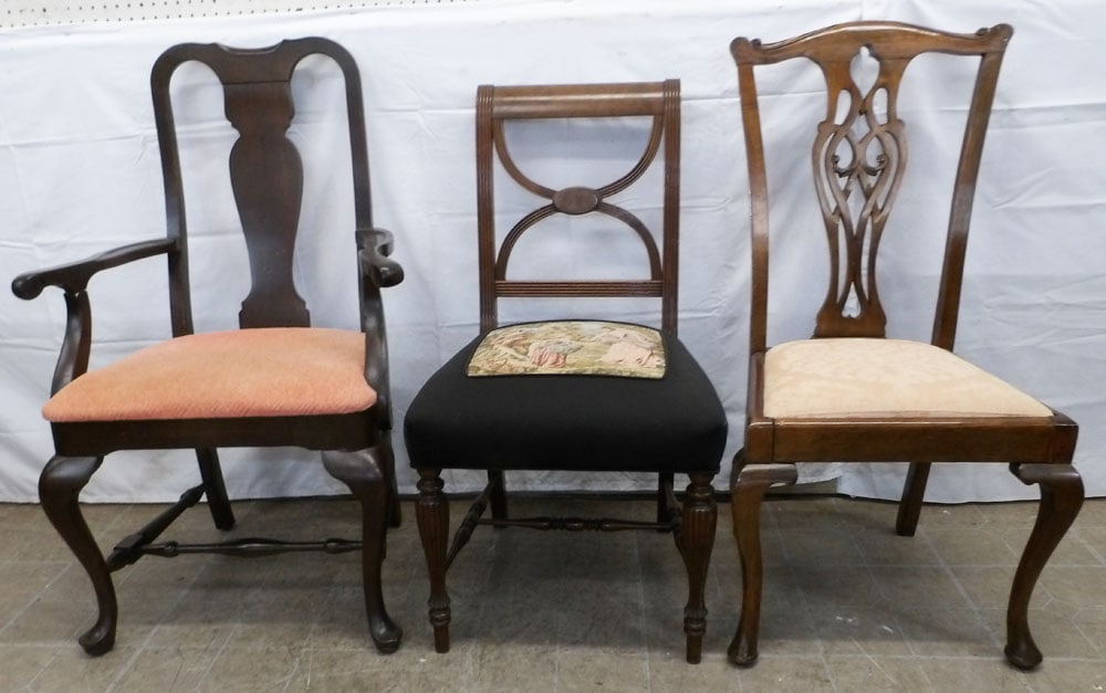 Three Mahogany Chairs, (Two Side & One Arm): Three Mahogany Chairs, (Two Side & One Arm). Up to 41" H 26 1/2" W 21" D "ALL DESCRIPTIONS AND ANY CONDITION STATEMENT GIVEN BY LANGSTON AUCTION GALLERY ARE STRICTLY OPINIONS AND LANGSTON'S SHALL