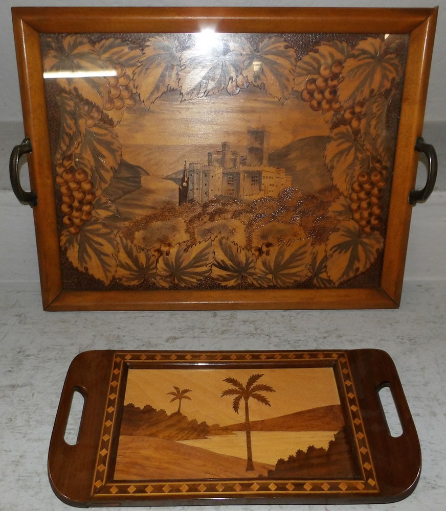 Two Wood Trays, (One Painted & One Inlaid): Two Wood Trays, (One Painted & One Inlaid). Up to 20 1/2" x 15 1/4" "ALL DESCRIPTIONS AND ANY CONDITION STATEMENT GIVEN BY LANGSTON AUCTION GALLERY ARE STRICTLY OPINIONS AND LANGSTON'S SHALL HAVE NO