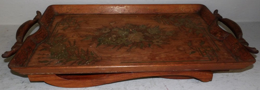 Collapsible Oriental Teak Wood Brass Inlaid Tea Table: Collapsible Oriental Teak Wood Brass Inlaid Tea Table . 19 3/4" H 26 1/2" W 14" D "ALL DESCRIPTIONS AND ANY CONDITION STATEMENT GIVEN BY LANGSTON AUCTION GALLERY ARE STRICTLY OPINIONS AND LANGSTON'S