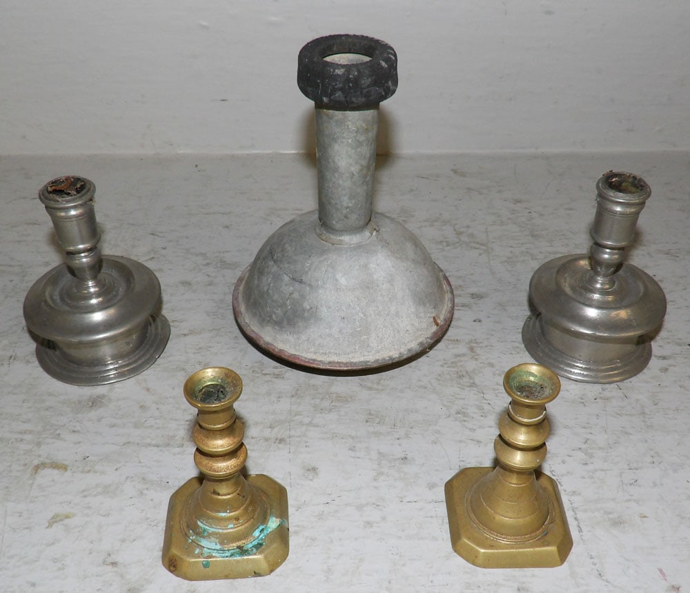 Pair of Miniature Brass Candlesticks, Aluminum Bell Bottom Candlesticks, & Shower Head: Pair of Miniature Brass Candlesticks, Aluminum Bell Bottom Candlesticks, & Shower Head . Up to 5 3/4" L 4 1/2" Dia. "ALL DESCRIPTIONS AND ANY CONDITION STATEMENT GIVEN BY LANGSTON AUCTION GALLERY ARE