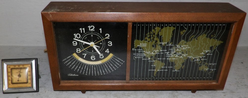 Vintage Clock & Vintage Desk Thermometer: Vintage Clock & Vintage Desk Thermometer. Up to 6 1/2" H 13" W 3" D "ALL DESCRIPTIONS AND ANY CONDITION STATEMENT GIVEN BY LANGSTON AUCTION GALLERY ARE STRICTLY OPINIONS AND LANGSTON'S SHALL HAVE NO