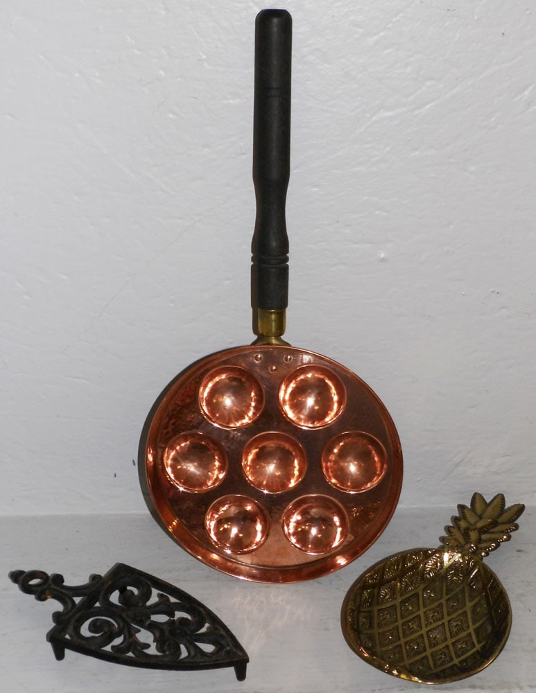 Cast Iron VA Metalcrafters Trivet, Copper Egg Poaching Pan, & Gilded Metal Pineapple Form Bowl (1 of 5)