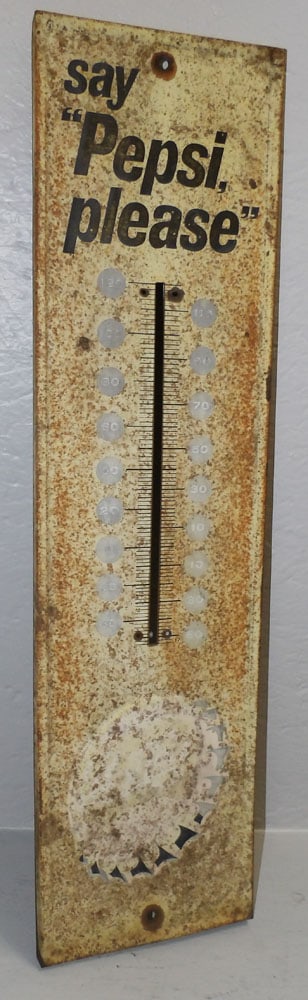 Antique Painted Metal Pepsi Thermometer Frame: Antique Painted Metal Pepsi Thermometer Frame. 27" L 7 1/4" W "ALL DESCRIPTIONS AND ANY CONDITION STATEMENT GIVEN BY LANGSTON AUCTION GALLERY ARE STRICTLY OPINIONS AND LANGSTON'S SHALL HAVE NO