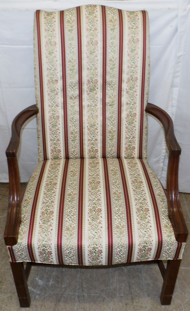 Mahogany & Upholstered Library Chair: Mahogany & Upholstered Library Chair . 42 1/2" H 25 1/2" W 25 1/2" D "ALL DESCRIPTIONS AND ANY CONDITION STATEMENT GIVEN BY LANGSTON AUCTION GALLERY ARE STRICTLY OPINIONS AND LANGSTON'S SHALL HAVE NO