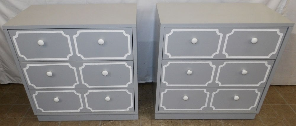 Pair of Painted Three Drawer Bed Side Chests: Pair of Painted Three Drawer Bed Side Chests . 31" H 30" W 16" D "ALL DESCRIPTIONS AND ANY CONDITION STATEMENT GIVEN BY LANGSTON AUCTION GALLERY ARE STRICTLY OPINIONS AND LANGSTON'S SHALL HAVE NO