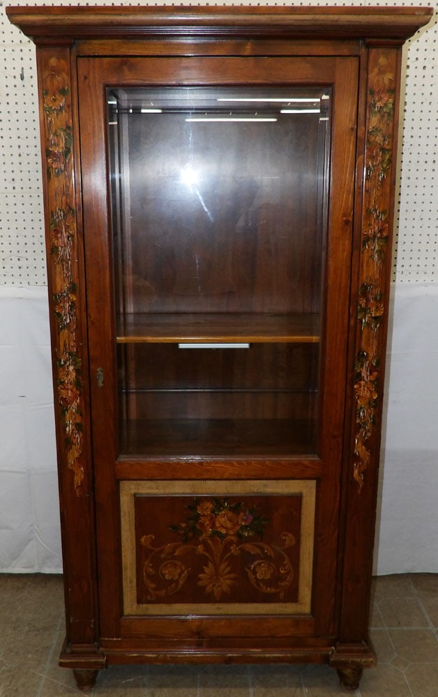 Painted Pine & Bevel Glass Door Cabinet: Painted Pine & Bevel Glass Door Cabinet. 71 3/4" H 37 1/2" W 16 3/4" D "ALL DESCRIPTIONS AND ANY CONDITION STATEMENT GIVEN BY LANGSTON AUCTION GALLERY ARE STRICTLY OPINIONS AND LANGSTON'S SHALL HAVE