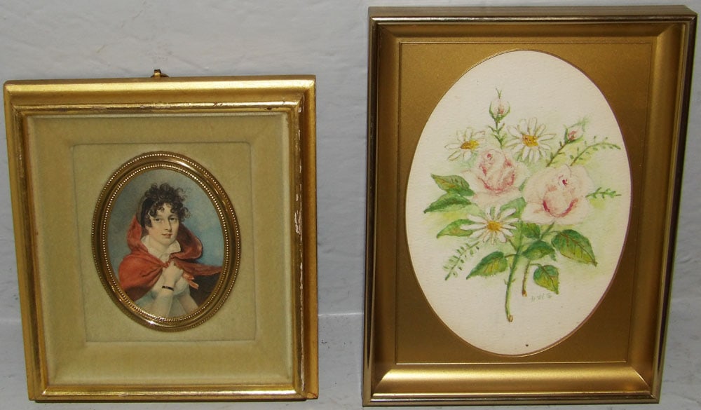 Enclosed Miniature Portrait of a Woman & Miniature Still Life Watercolor Artist Signed: Enclosed Miniature Portrait of a Woman & Miniature Still Life Watercolor Artist Signed. Up to 8" x 6" "ALL DESCRIPTIONS AND ANY CONDITION STATEMENT GIVEN BY LANGSTON AUCTION GALLERY ARE STRICTLY