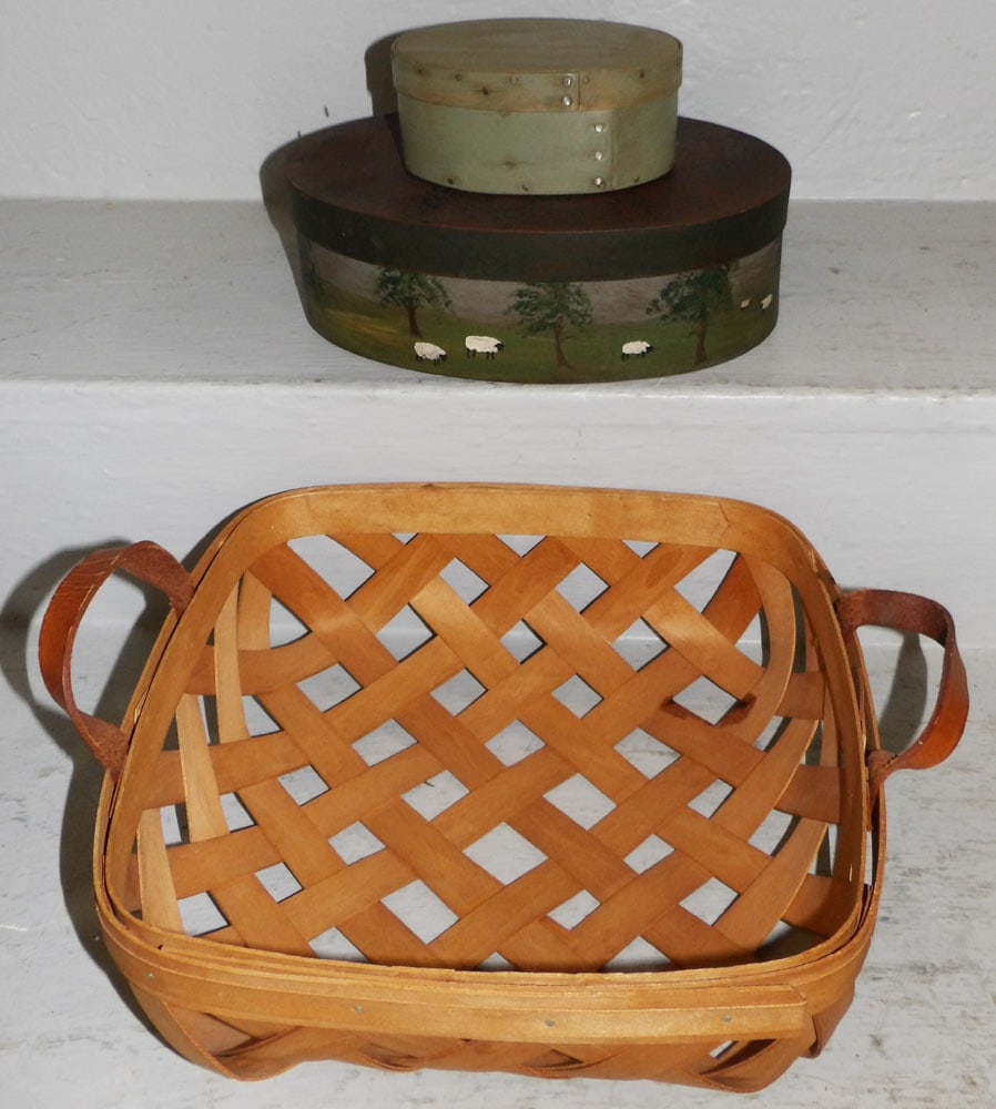 Two Painted Wood Oval Pantry Boxes & Hand Made Leather Handle Basket From Ohio (1 of 4)