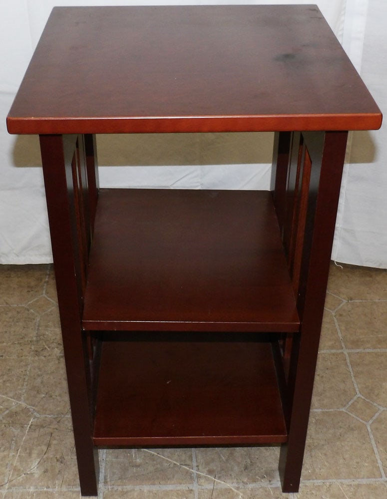Cherry Three Tier Stand: Cherry Three Tier Stand . 26" H 15 3/4" W 15 3/4" D "ALL DESCRIPTIONS AND ANY CONDITION STATEMENT GIVEN BY LANGSTON AUCTION GALLERY ARE STRICTLY OPINIONS AND LANGSTON'S SHALL HAVE NO RESPONSIBILITY