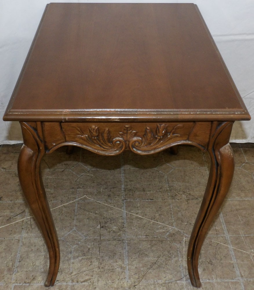 Cherry French Provincial End Table: Cherry French Provincial End Table . 22 1/4" H 18" W 24" D "ALL DESCRIPTIONS AND ANY CONDITION STATEMENT GIVEN BY LANGSTON AUCTION GALLERY ARE STRICTLY OPINIONS AND LANGSTON'S SHALL HAVE NO