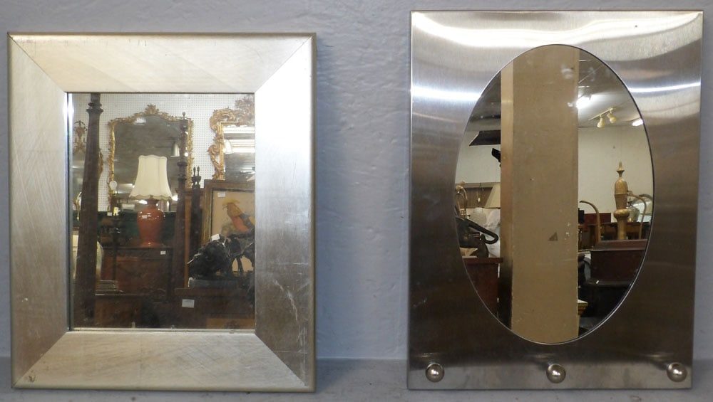 Silver Gilded Frame Mirror & Stainless Steel Framed Mirror: Silver Gilded Frame Mirror & Stainless Steel Framed Mirror . 15" x 11 1/2" "ALL DESCRIPTIONS AND ANY CONDITION STATEMENT GIVEN BY LANGSTON AUCTION GALLERY ARE STRICTLY OPINIONS AND LANGSTON'S SHALL